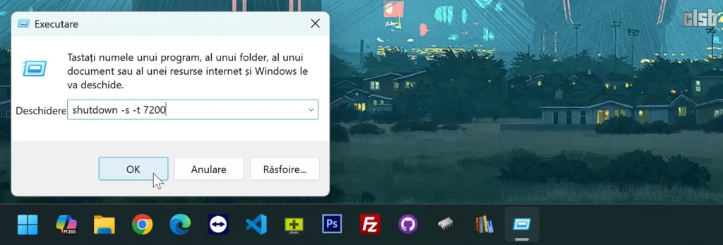 comandă pentru programarea opririi calculatorului