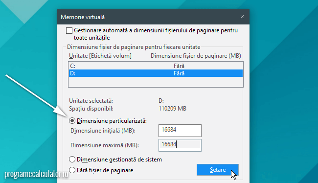 dimensiune particularizata memorie virtuala