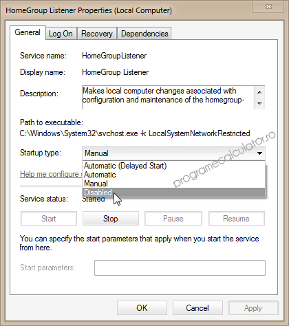 HomeGroup Listener » Startup Type » Disabled