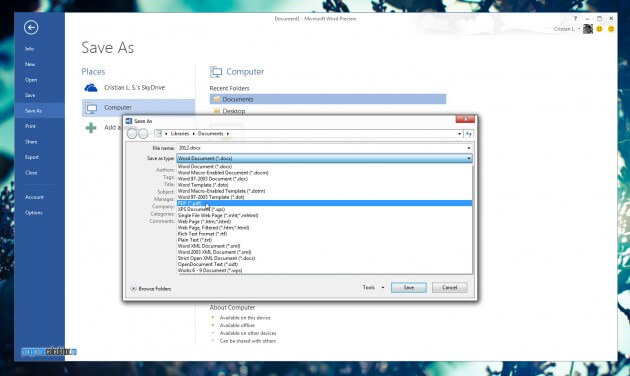 Microsoft Office 2013 salvează în PDF