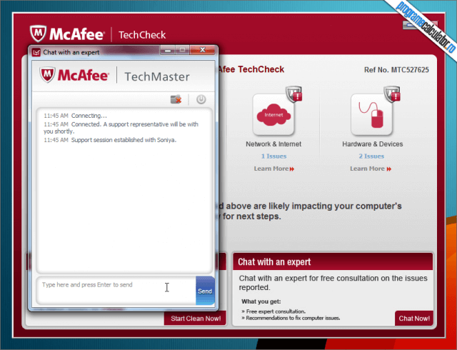 McAfee TechCheck - fereastra chat