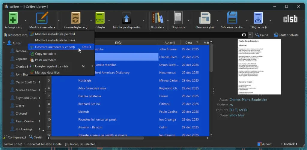 Calibre: descărcare metadate cărți