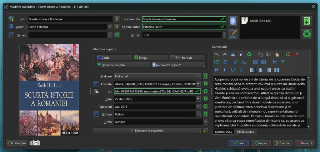 Calibre: fereastra de editare a metadatelor