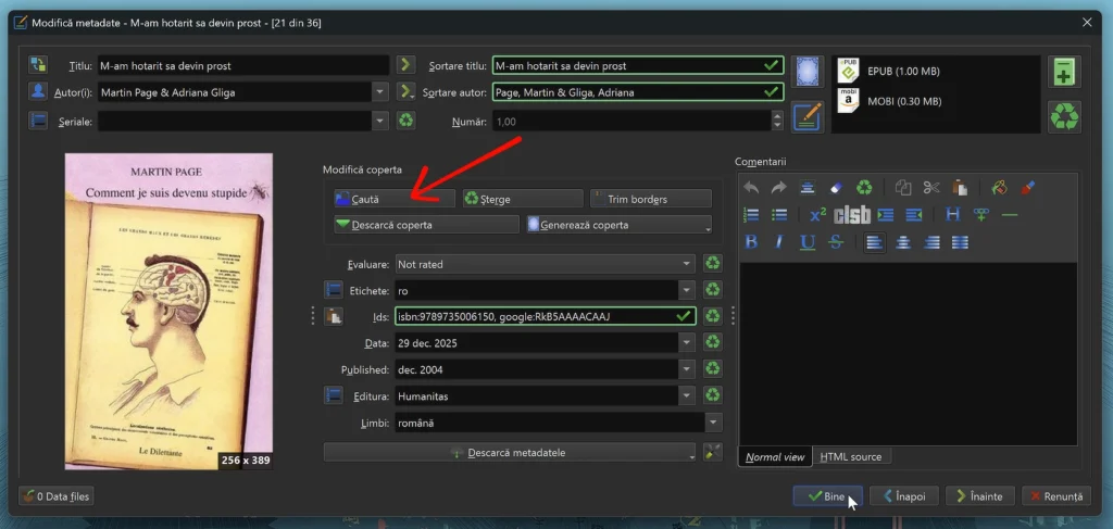 Calibre: încărcarea manuală a coperților