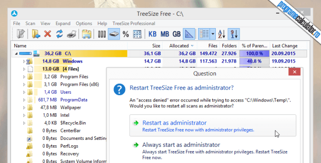 permisiunul de administrare TreeSize Free