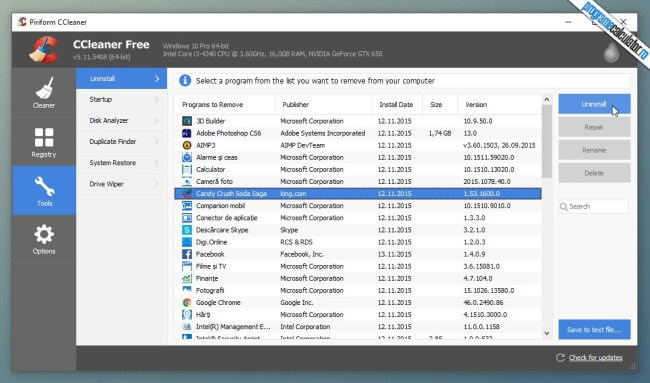dezinstalare programe windows 10 folosind ccleaner